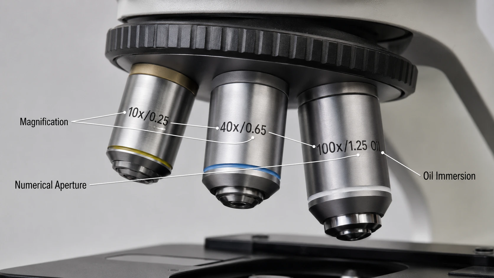 Numerical aperture markings on microscope objective lenses