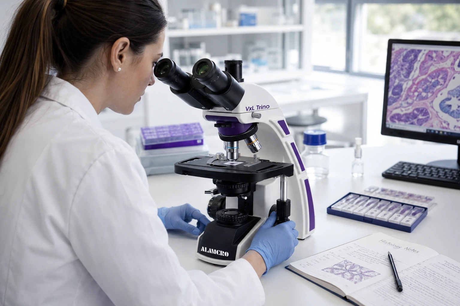 Research microscope in use in a laboratory for biological, histology and microbiology research